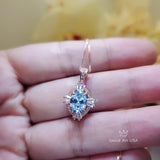 Tiny Aquamarine Necklace - Rose Gold 925 Sterling Silver Gemstone Halo Blue Aquamarine Pendant March Birthstone 076