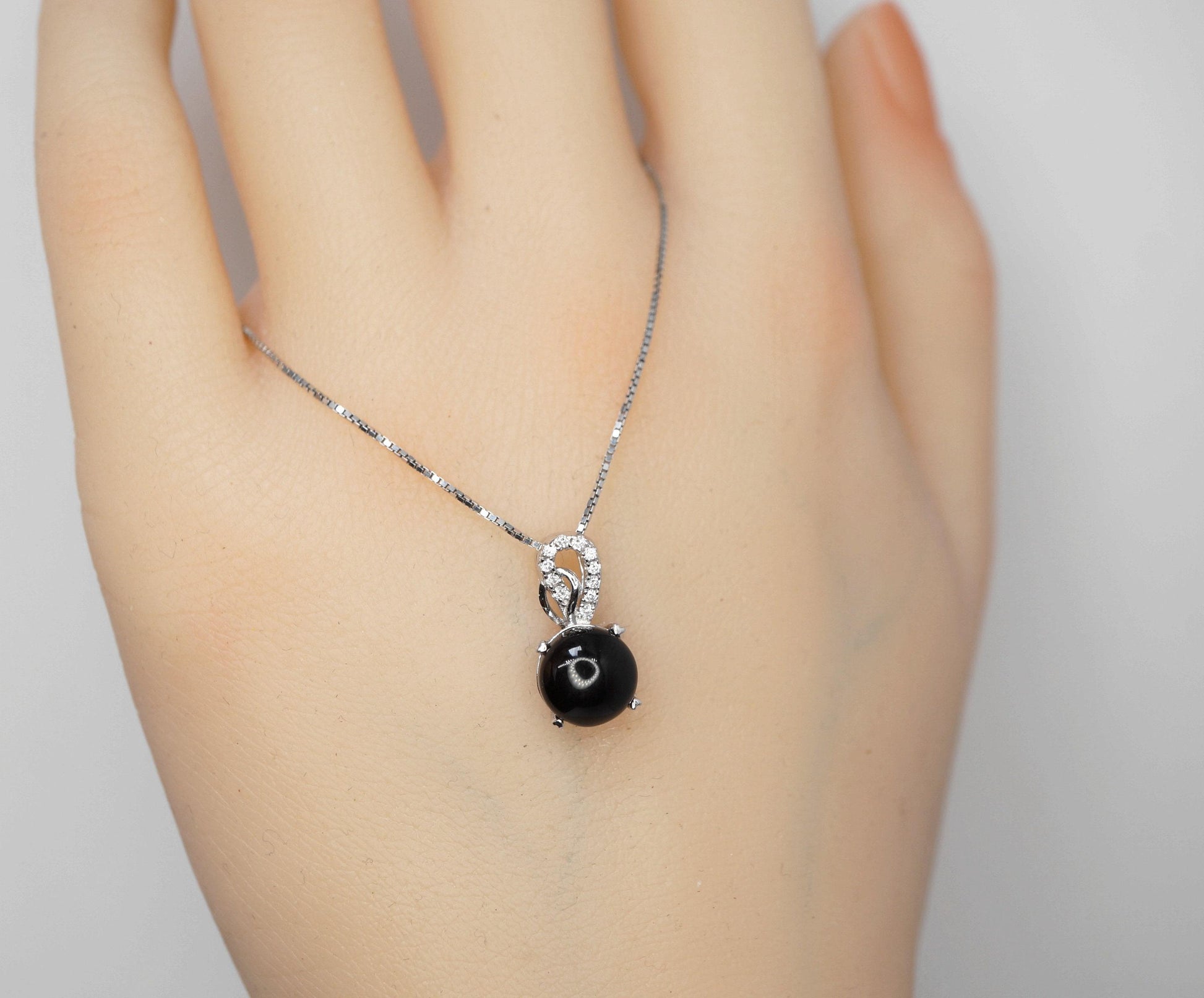 Tiny Black Onyx Necklace Round 1.5 Ct Solitaire Black Onyx Pendant - Sterling Silver White Gold Plated Dainty Black Stone Protective 1088