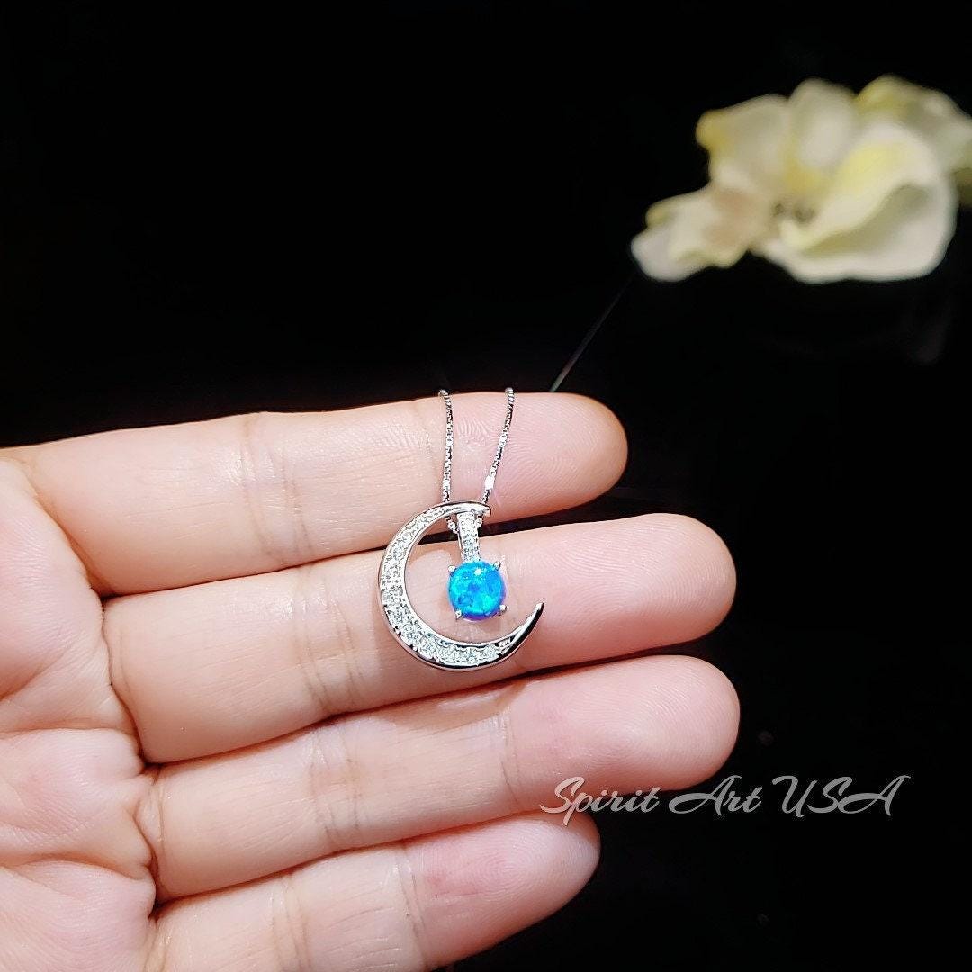 Crescent Blue Opal Moon Necklace Full 925 Sterling Silver Two Pendant wear Opal Pendant #225