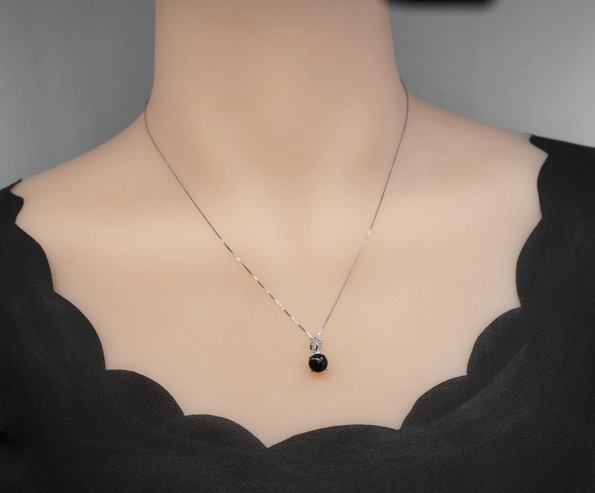 Tiny Black Onyx Necklace Round 1.5 Ct Solitaire Black Onyx Pendant - Sterling Silver White Gold Plated Dainty Black Stone Protective 1088