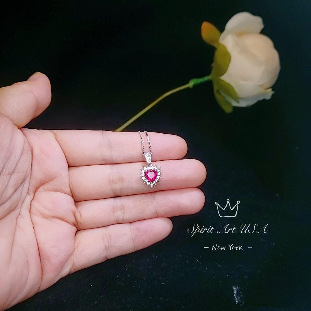 Dainty Heart Red Ruby Necklace Sterling Silver - July Birthstone - Tiny Mini Gorgeous Halo Red Ruby Pendant small heart jewelry #063