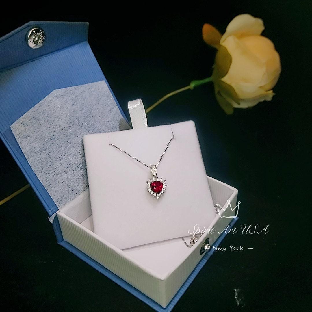 Dainty Heart Red Ruby Necklace Sterling Silver - July Birthstone - Tiny Mini Gorgeous Halo Red Ruby Pendant small heart jewelry #063