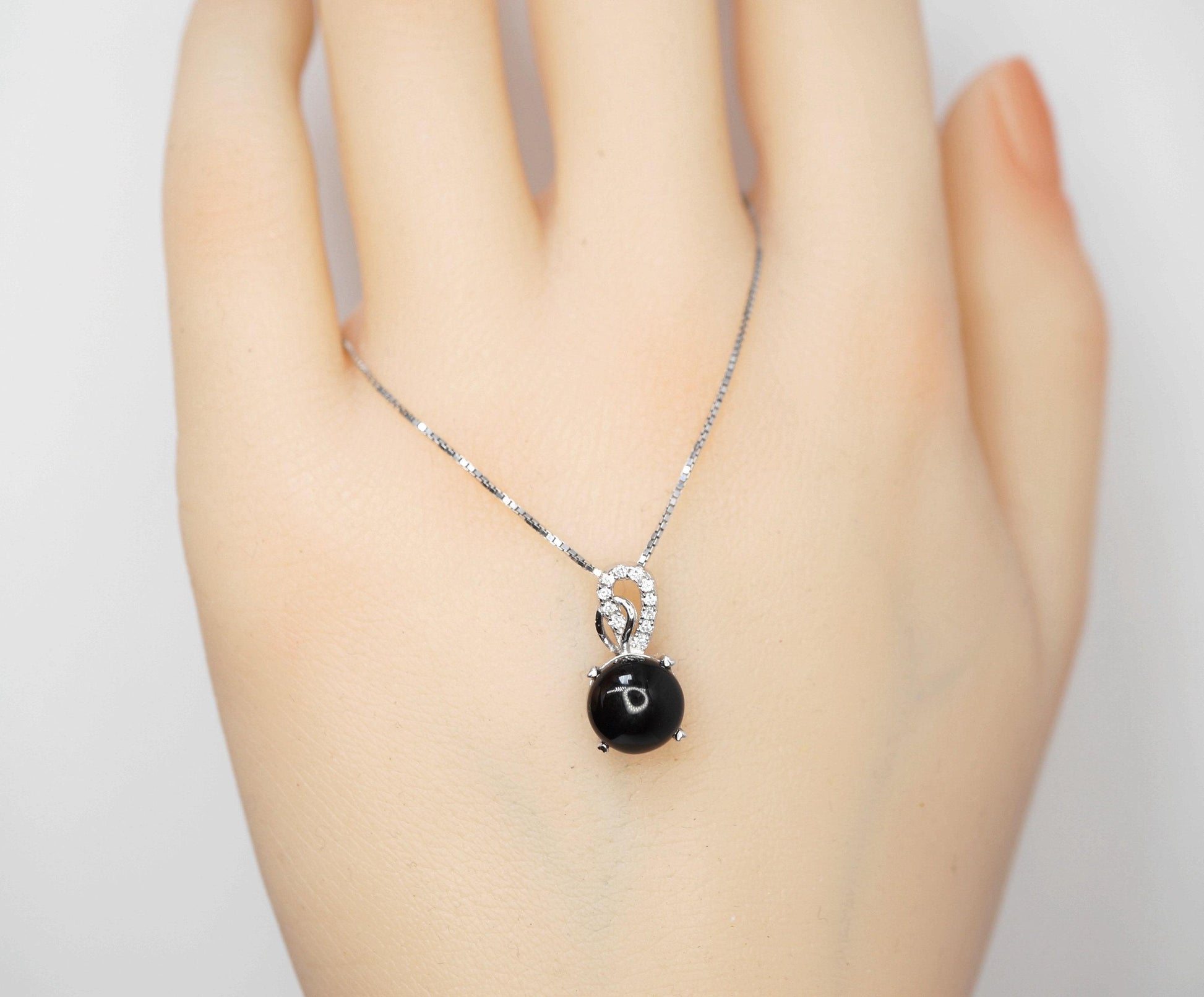 Tiny Black Onyx Necklace Round 1.5 Ct Solitaire Black Onyx Pendant - Sterling Silver White Gold Plated Dainty Black Stone Protective 1088