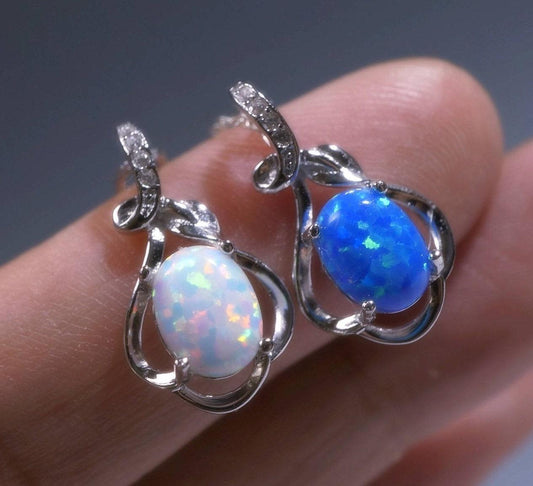 Tiny White Opal Necklace, sterling silver Petal Flower Blue Opal Pendant Oval Stone Jewelry 1018
