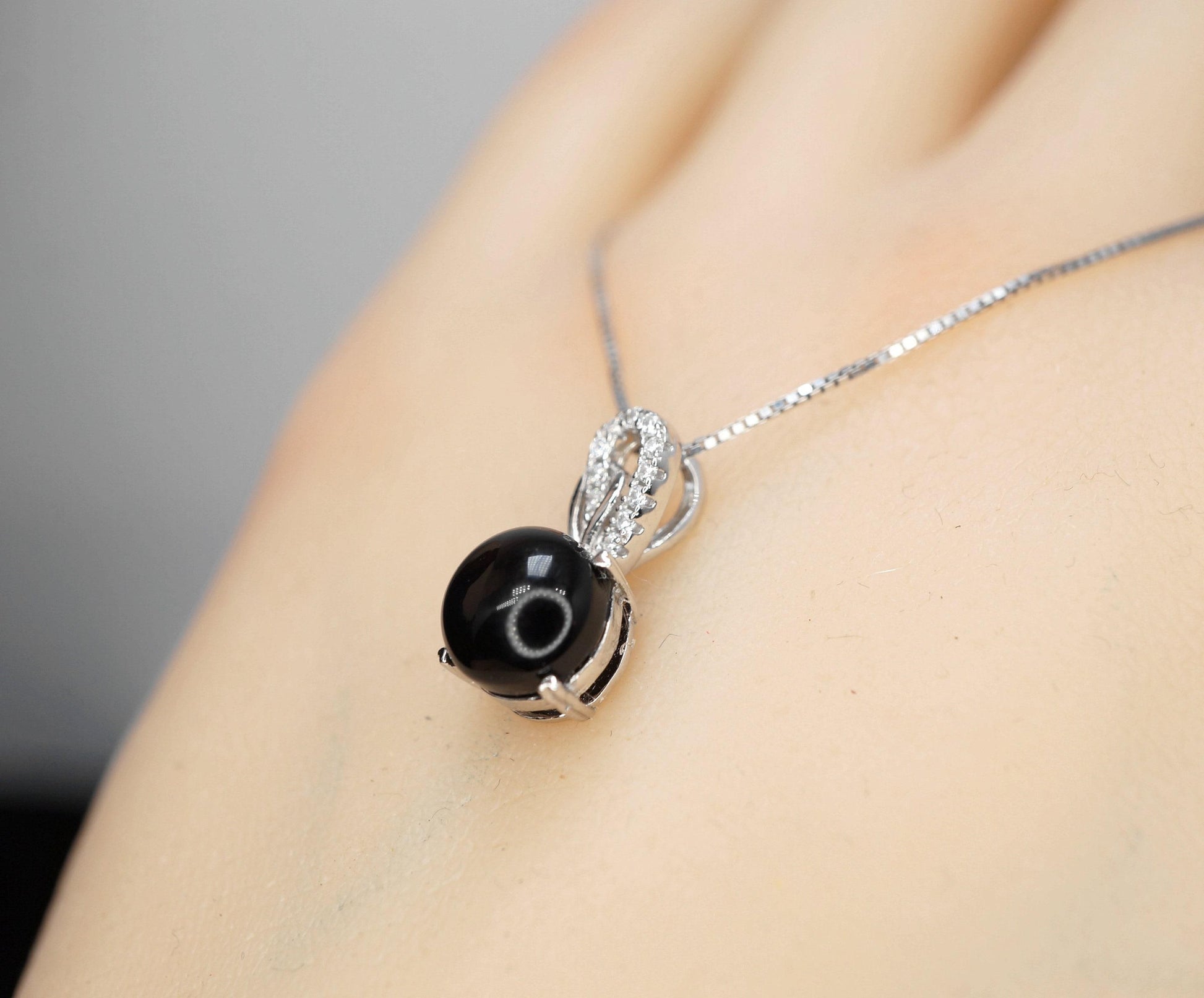 Tiny Black Onyx Necklace Round 1.5 Ct Solitaire Black Onyx Pendant - Sterling Silver White Gold Plated Dainty Black Stone Protective 1088