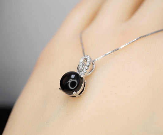 Tiny Black Onyx Necklace Round 1.5 Ct Solitaire Black Onyx Pendant - Sterling Silver White Gold Plated Dainty Black Stone Protective 1088