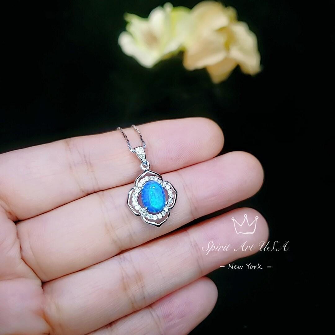 blue opal Necklace - Gemstone Flower of life - White Gold coated Sterling Silver Blue Opal Pendant #114