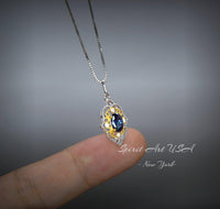 Tiny Thorn Apple Blue Sapphire Necklace - Sterling Silver Minimalist Oval Blue Sapphire Pendant - Blessing Buddha Hand Jewelry 1103