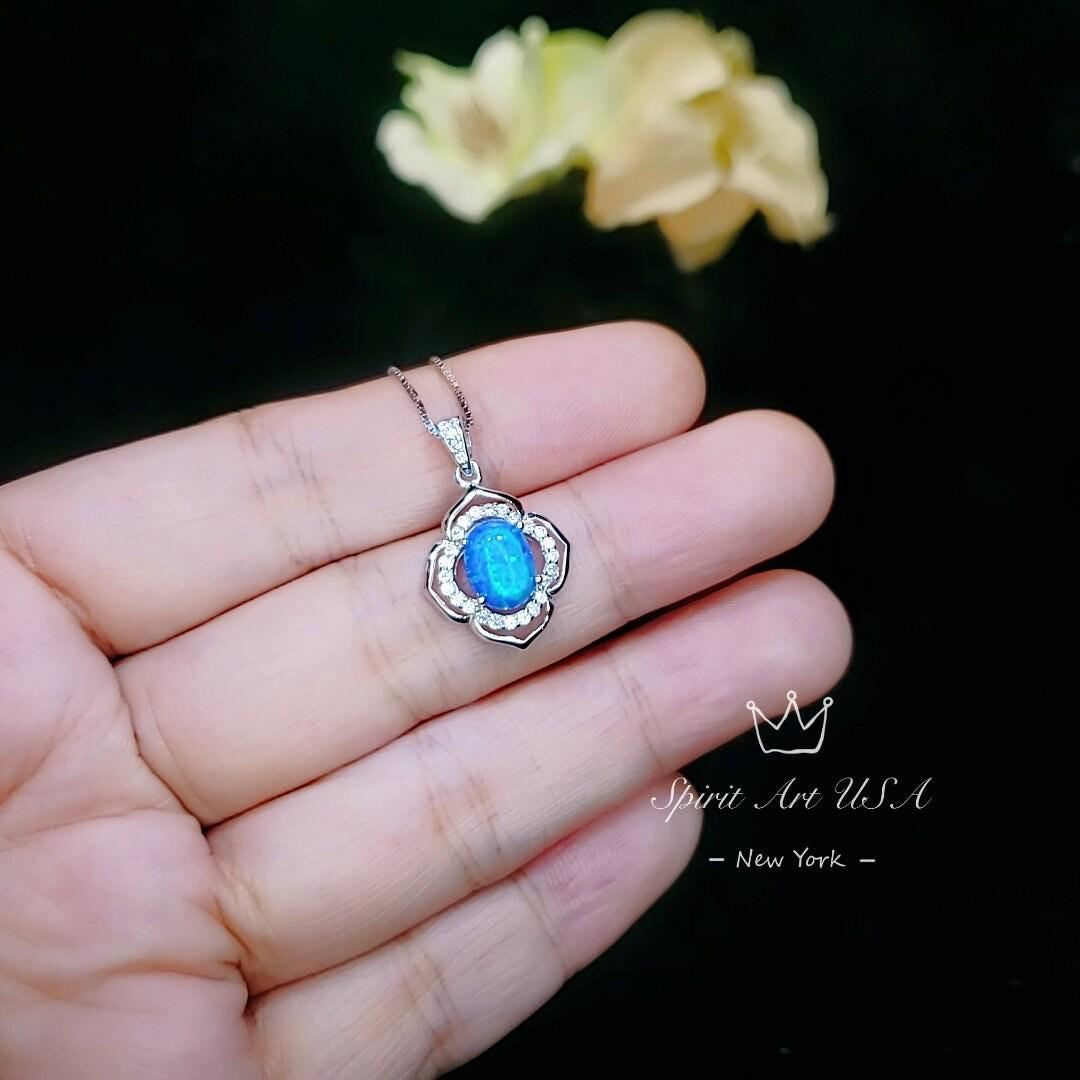 blue opal Necklace - Gemstone Flower of life - White Gold coated Sterling Silver Blue Opal Pendant #114