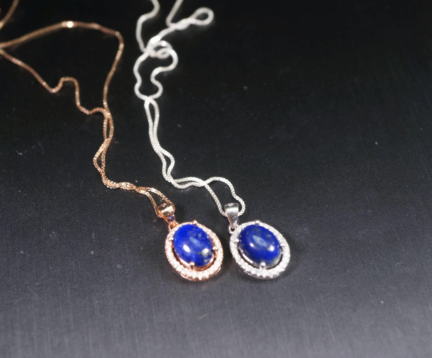Sterling Silver Lapis Lazuil Necklace - Rose Gold Diamond Halo Blue Lapis Lazuli Pendant Jewelry 1040