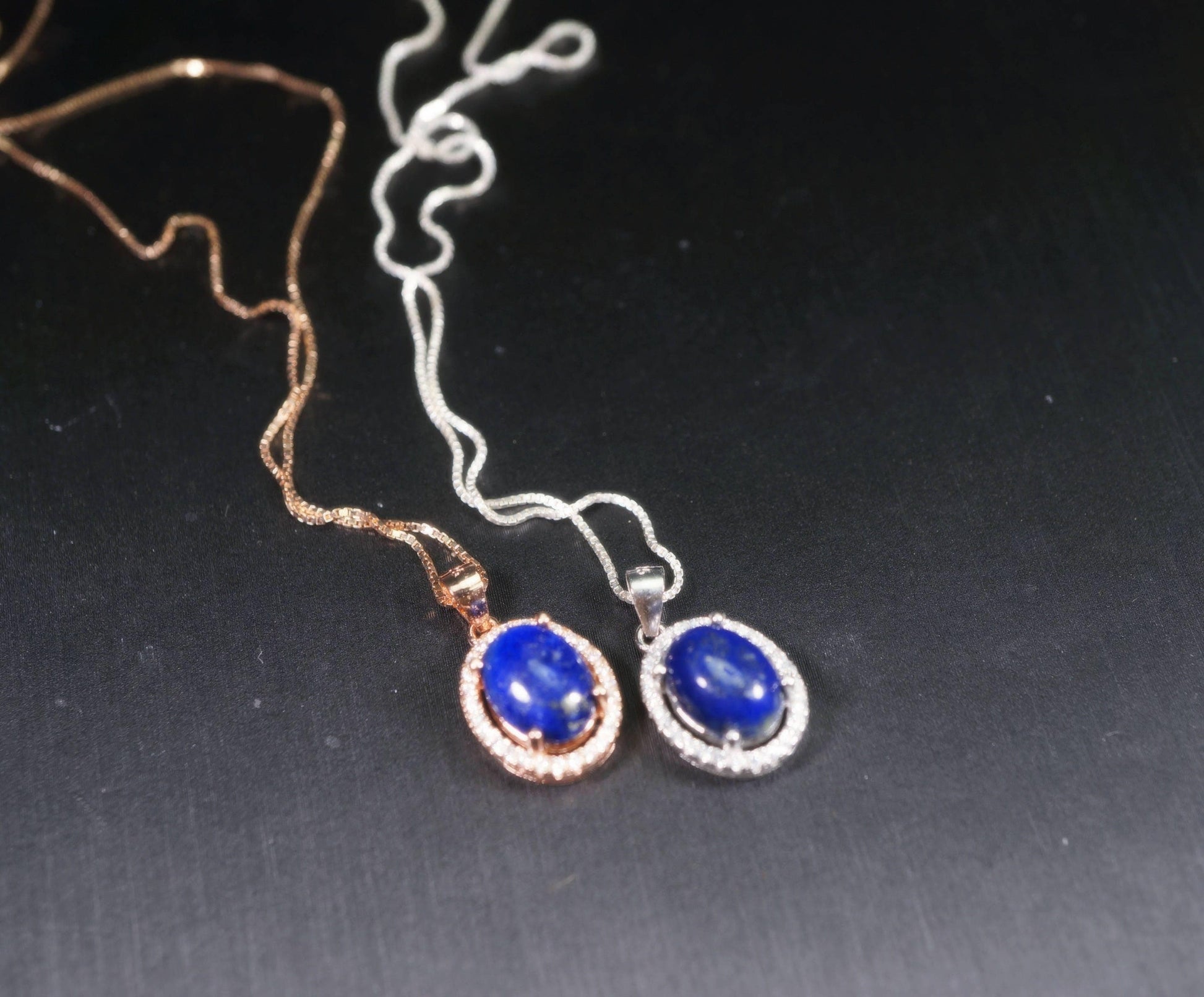 Sterling Silver Lapis Lazuil Necklace - Rose Gold Diamond Halo Blue Lapis Lazuli Pendant Jewelry 1040