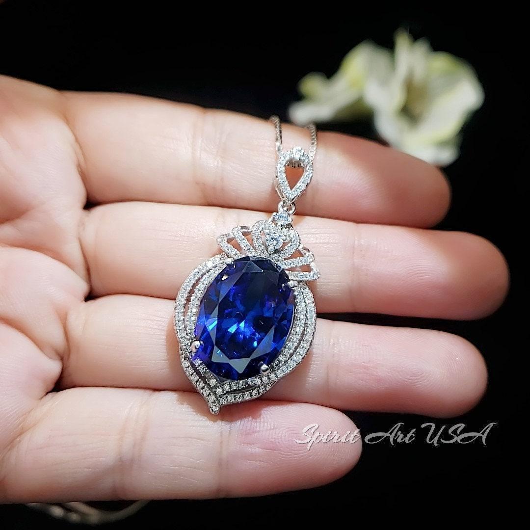 Large Sapphire Sterling Silver Necklace 14 ct Oval Royal Lab Created Blue Sapphire Gemstone Crown Pendant 18k White Gold Plated #919