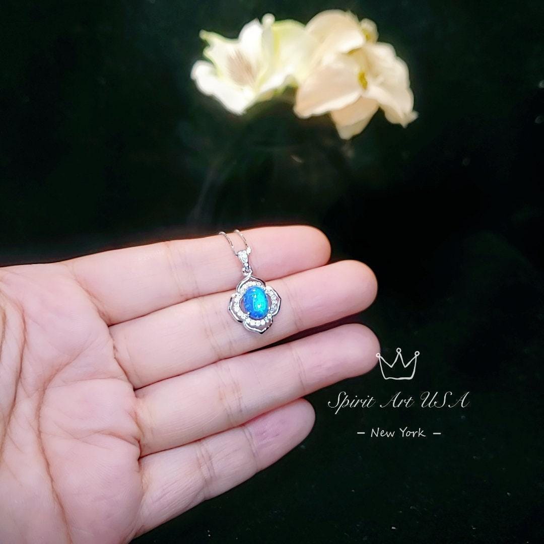 blue opal Necklace - Gemstone Flower of life - White Gold coated Sterling Silver Blue Opal Pendant #114