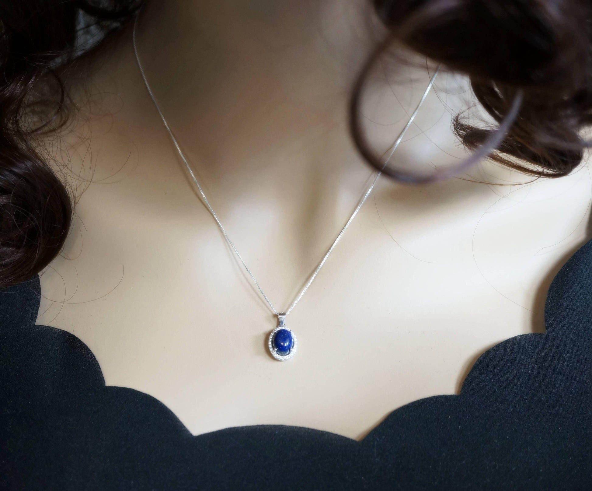 Sterling Silver Lapis Lazuil Necklace - Rose Gold Diamond Halo Blue Lapis Lazuli Pendant Jewelry 1040