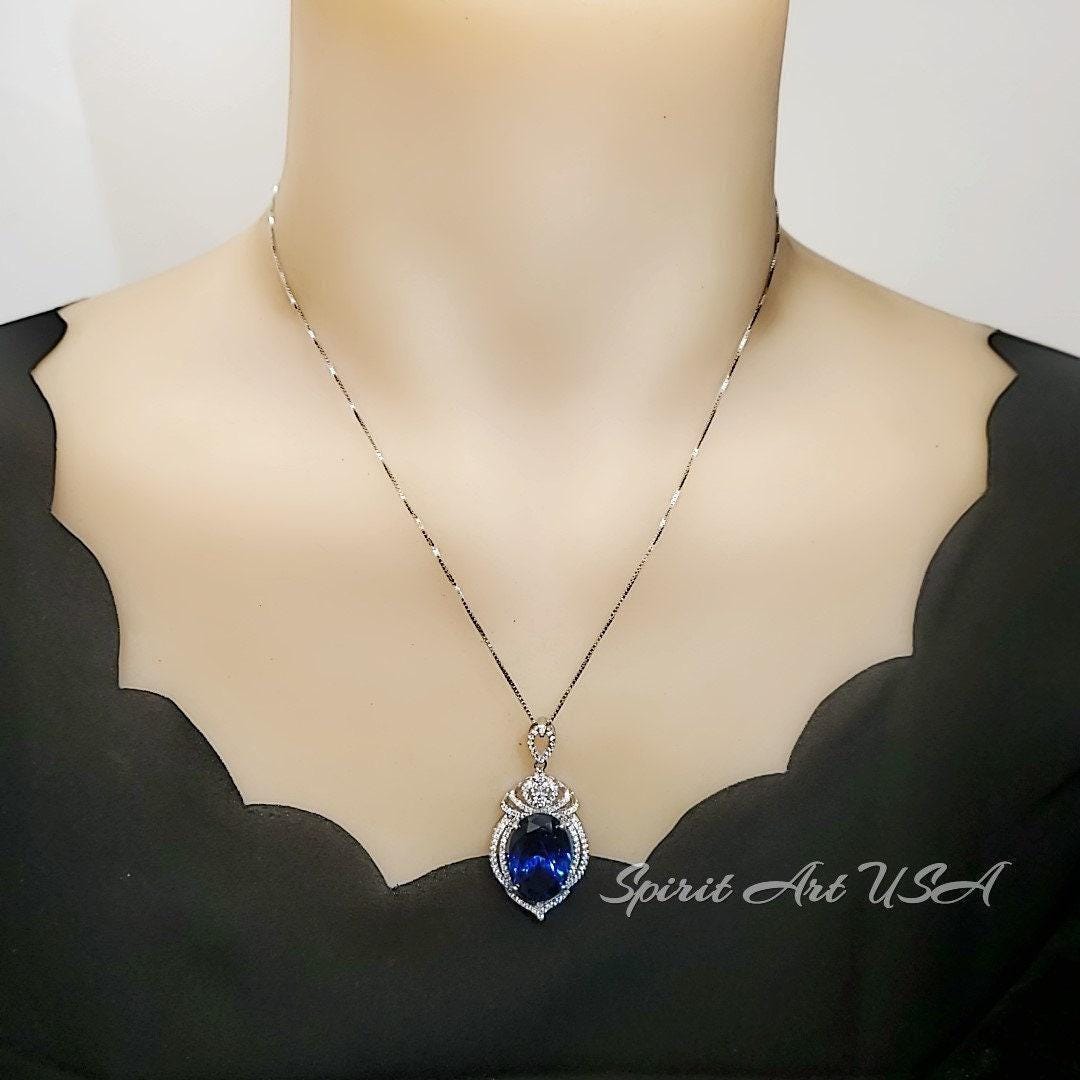 Large Sapphire Sterling Silver Necklace 14 ct Oval Royal Lab Created Blue Sapphire Gemstone Crown Pendant 18k White Gold Plated #919