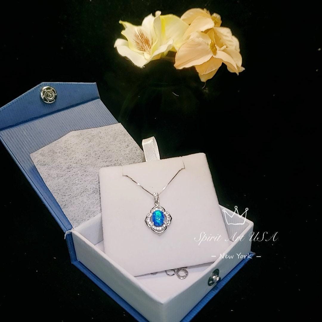blue opal Necklace - Gemstone Flower of life - White Gold coated Sterling Silver Blue Opal Pendant #114