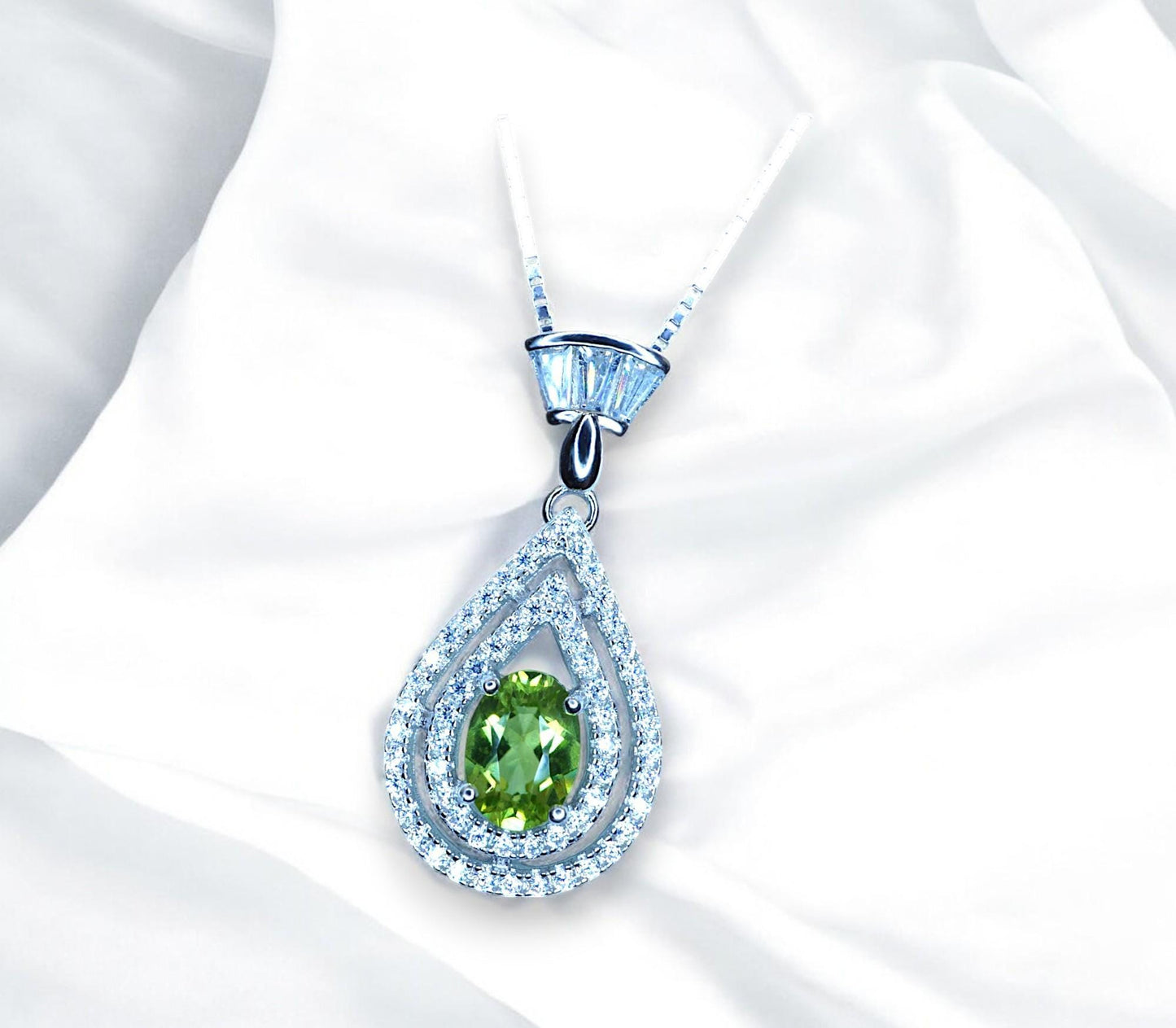 Genuine Peridot Necklace - Double Halo Sterling Silver Tiny Teardrop Natural Peridot Jewelry August Birthstone #369