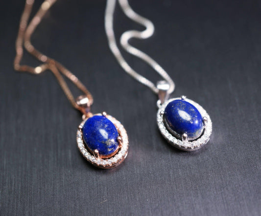 Sterling Silver Lapis Lazuil Necklace - Rose Gold Diamond Halo Blue Lapis Lazuli Pendant Jewelry 1040