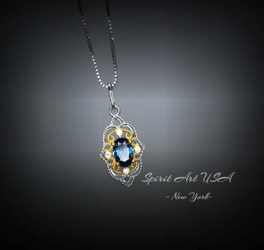 Tiny Thorn Apple Blue Sapphire Necklace - Sterling Silver Minimalist Oval Blue Sapphire Pendant - Blessing Buddha Hand Jewelry 1103