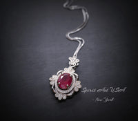 18KGP Ruby Necklace - Gemstone Flower 2.3 CT Ruby Pendant Sterling Silver Vantage Style Royal Red Gemstone Pendant - July Birthstone #538
