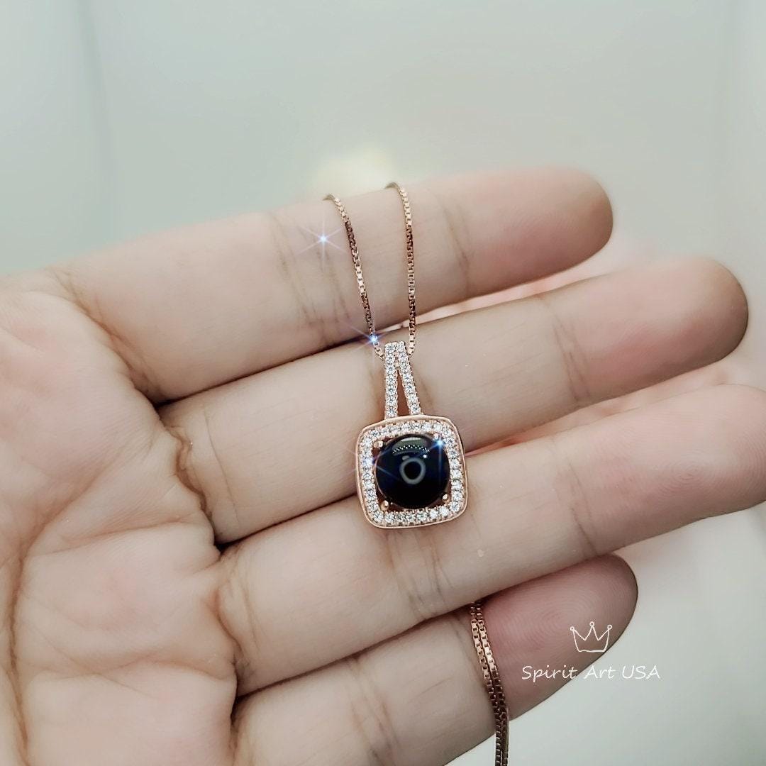 Black Onyx Necklace - Rose Gold coated 925 Sterling Silver Halo Solitaire Square 8 mm Black Agate Pendant 079