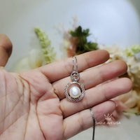 Natural Freshwater White Pearl Necklace, Sterling Silver Full Moon, Circle Genuine White Pearl Pendant White Gold Plated Jewelry 1090