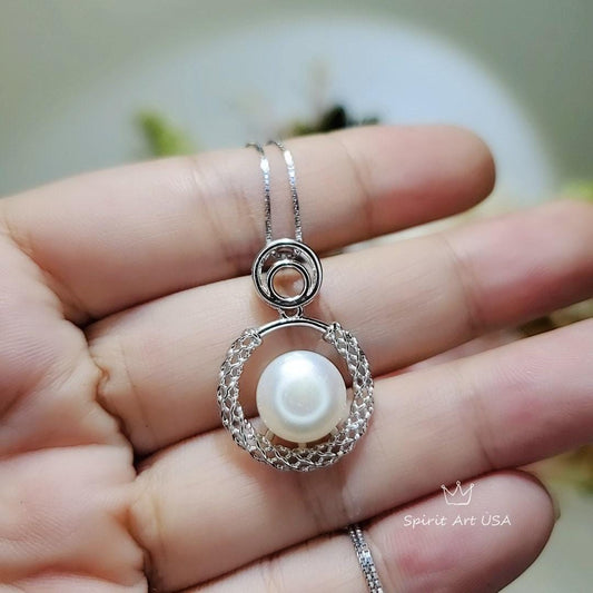 Natural Freshwater White Pearl Necklace, Sterling Silver Full Moon, Circle Genuine White Pearl Pendant White Gold Plated Jewelry 1090