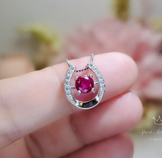 Ruby Horseshoe Necklace Sterling Silver Tiny Dainty Gemstone Stone Ruby Choker Platinum Overlay 925 Silver Box Chain #006
