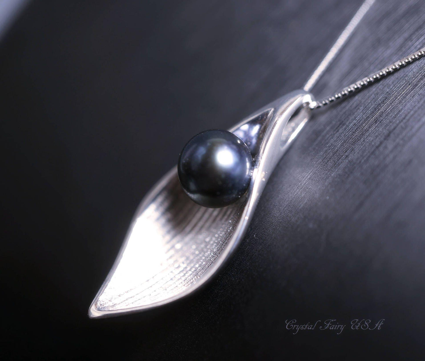 Black Pearl Necklace Sterling Silver - Delicate Datiny Leaf Pendant, Artist Design Style Black Pearl Jewelry 1045