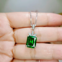 Diamond Flower Green Diopside Necklace - 5 CT Green Gemstone Pendant - White Gold-Coated Sterling Silver Rectangle Scissor Cut Jewelry 1096