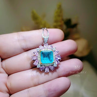Large Square Paraiba Necklace Pink Topaz Sim Gemstone Pendant White Gold coated Sterling Silver Blue Paraiba Pendant Jewelry #814