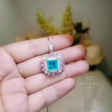 Large Square Paraiba Necklace Pink Topaz Sim Gemstone Pendant White Gold coated Sterling Silver Blue Paraiba Pendant Jewelry #814