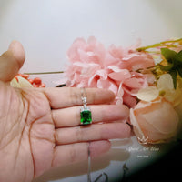 Diamond Flower Green Diopside Necklace - 5 CT Green Gemstone Pendant - White Gold-Coated Sterling Silver Rectangle Scissor Cut Jewelry 1096
