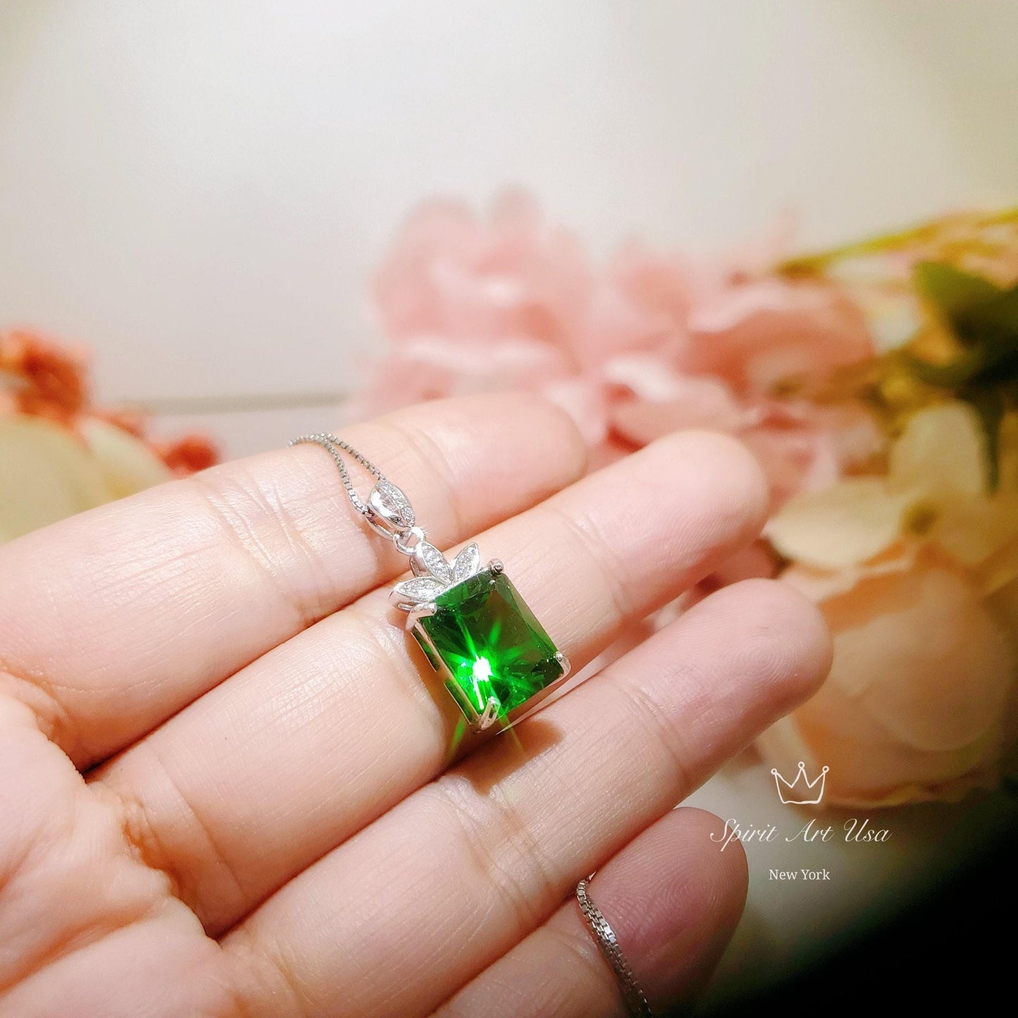 Diamond Flower Green Diopside Necklace - 5 CT Green Gemstone Pendant - White Gold-Coated Sterling Silver Rectangle Scissor Cut Jewelry 1096