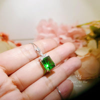 Diamond Flower Green Diopside Necklace - 5 CT Green Gemstone Pendant - White Gold-Coated Sterling Silver Rectangle Scissor Cut Jewelry 1096