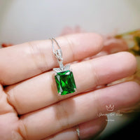 Diamond Flower Green Diopside Necklace - 5 CT Green Gemstone Pendant - White Gold-Coated Sterling Silver Rectangle Scissor Cut Jewelry 1096
