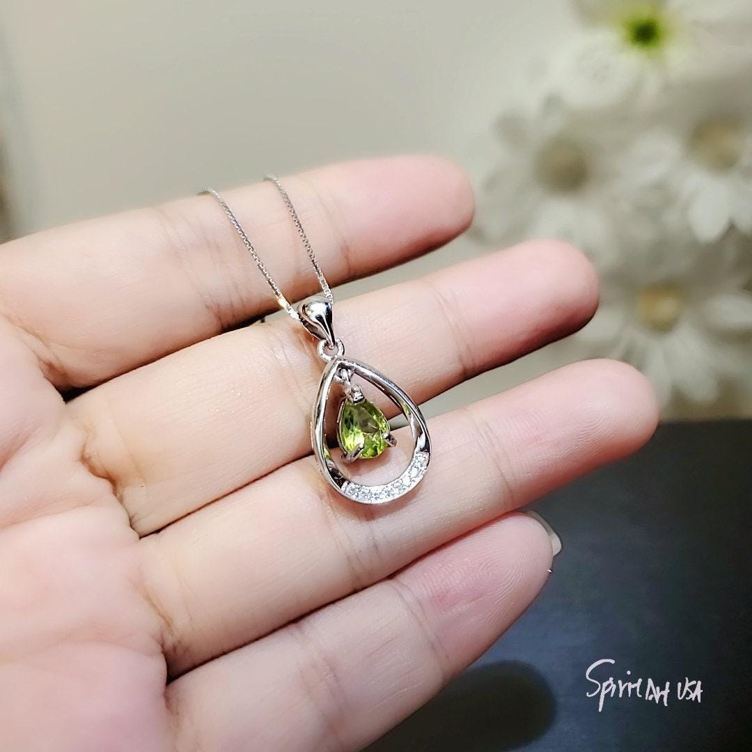 Natural Peridot Necklace, Sterling Silver Genuine Teardrop Green Peridot Pendant, 925 Silver Box Chain Dangle Peridot Jewelry 1036