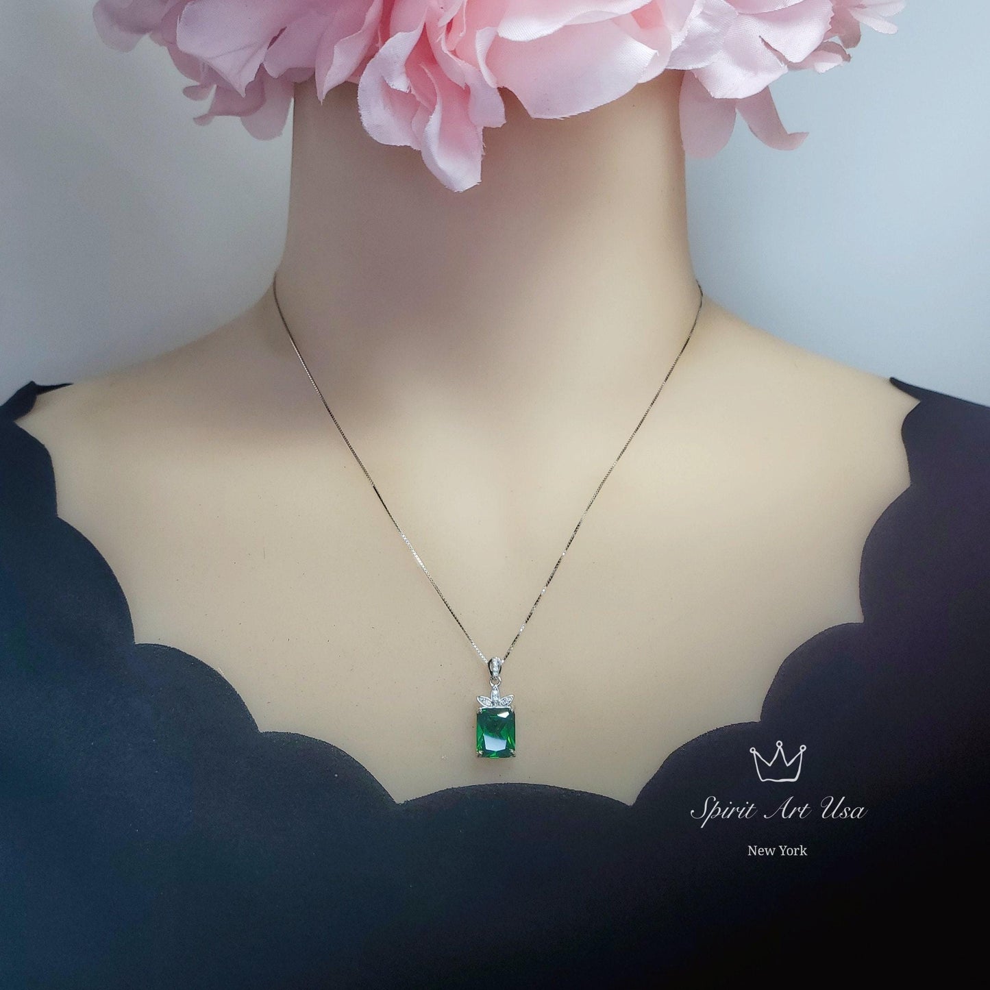 Diamond Flower Green Diopside Necklace - 5 CT Green Gemstone Pendant - White Gold-Coated Sterling Silver Rectangle Scissor Cut Jewelry 1096