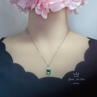 Diamond Flower Green Diopside Necklace - 5 CT Green Gemstone Pendant - White Gold-Coated Sterling Silver Rectangle Scissor Cut Jewelry 1096
