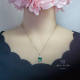 Diamond Flower Green Diopside Necklace - 5 CT Green Gemstone Pendant - White Gold-Coated Sterling Silver Rectangle Scissor Cut Jewelry 1096