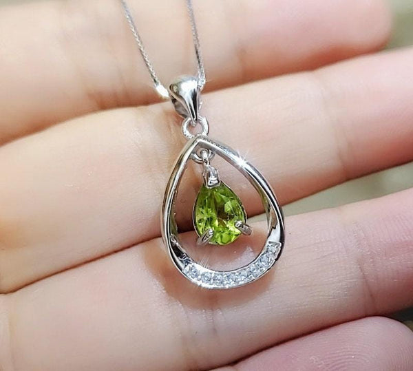 Natural Peridot Necklace, Sterling Silver Genuine Teardrop Green Peridot Pendant, 925 Silver Box Chain Dangle Peridot Jewelry 1036