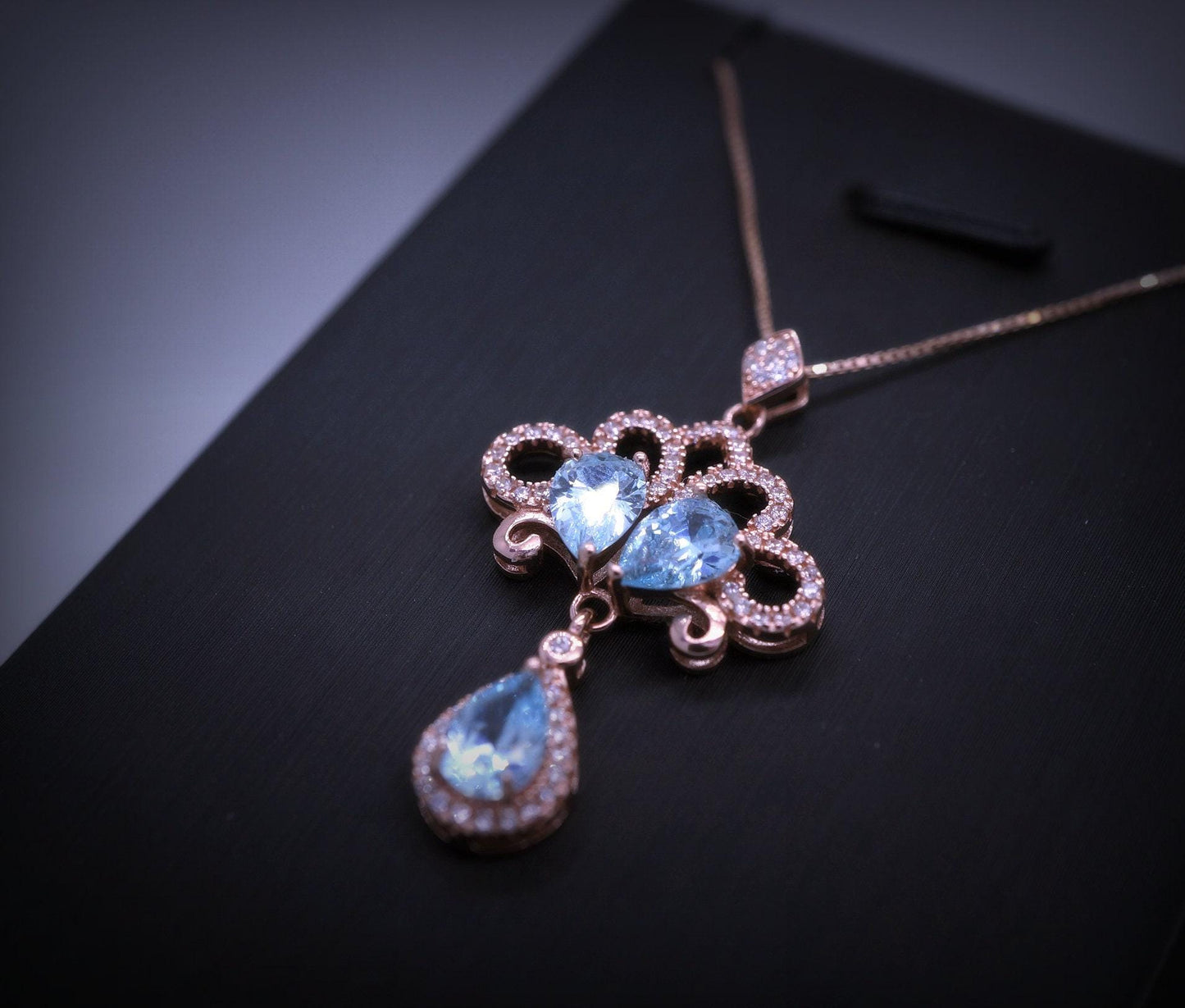 Rose Gold Blue Aquamarine Necklace - Sterling Silver Sky Blue aquamarine Tassel Necklace - Wedding Bridal Pendant, Phoenix Flower 1074