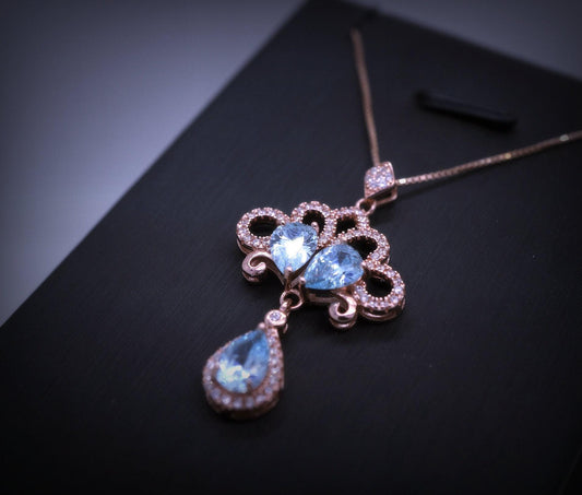 Rose Gold Blue Aquamarine Necklace - Sterling Silver Sky Blue aquamarine Tassel Necklace - Wedding Bridal Pendant, Phoenix Flower 1074