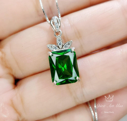 Diamond Flower Green Diopside Necklace - 5 CT Green Gemstone Pendant - White Gold-Coated Sterling Silver Rectangle Scissor Cut Jewelry 1096