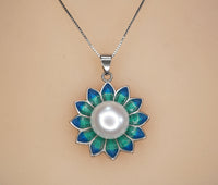 Genuine Freshwater Pearl Necklace - Sterling Silver Blue Lotus Flower Necklace 1105