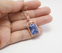 Large Rectangular Tanzanite Necklace - Rose Gold coated Sterling Silver Crown December Birthstone - 10 CT Emerald Cut Tanzanite Pendant