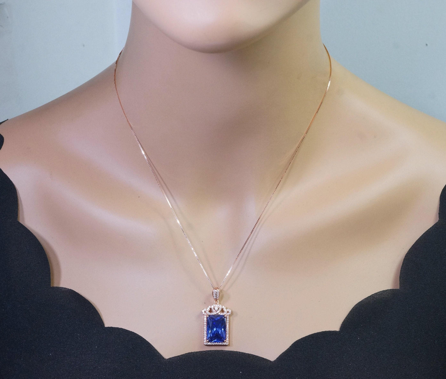 Large Rectangular Tanzanite Necklace - Rose Gold coated Sterling Silver Crown December Birthstone - 10 CT Emerald Cut Tanzanite Pendant