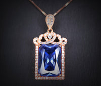 Large Rectangular Tanzanite Necklace - Rose Gold coated Sterling Silver Crown December Birthstone - 10 CT Emerald Cut Tanzanite Pendant