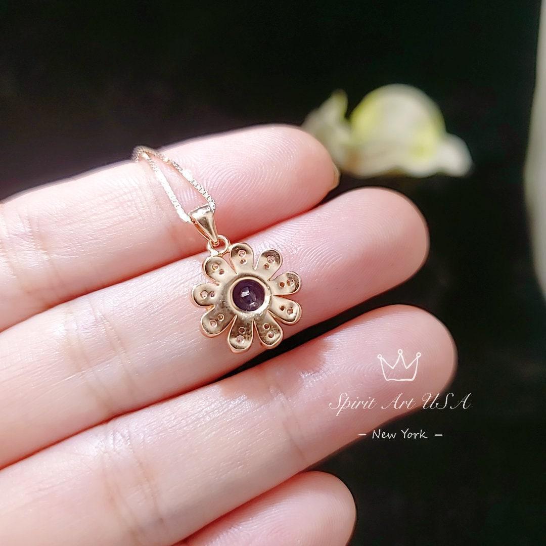 Tiny Blue Sapphire Sunflower Necklace Rose Gold Coated Sterling Silver Gemstone Flower September Birthstone 026