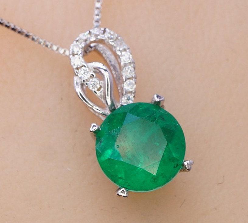 Green Emerald Necklace May Birthstone chain - 18KGP @ Sterling Silver - 8mm 2 CT Round Cut Green Emerald Pendant #382